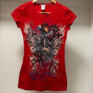 Touch Women's Medium Red Alternative Tattoo Style Rhinestone Graphic Tee